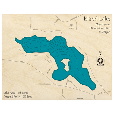 Bathymetric topo map of Island Lake, MI with roads, towns and depths noted in blue water.