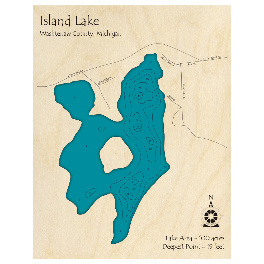 Bathymetric topo map of Island Lake, MI with roads, towns and depths noted in blue water.