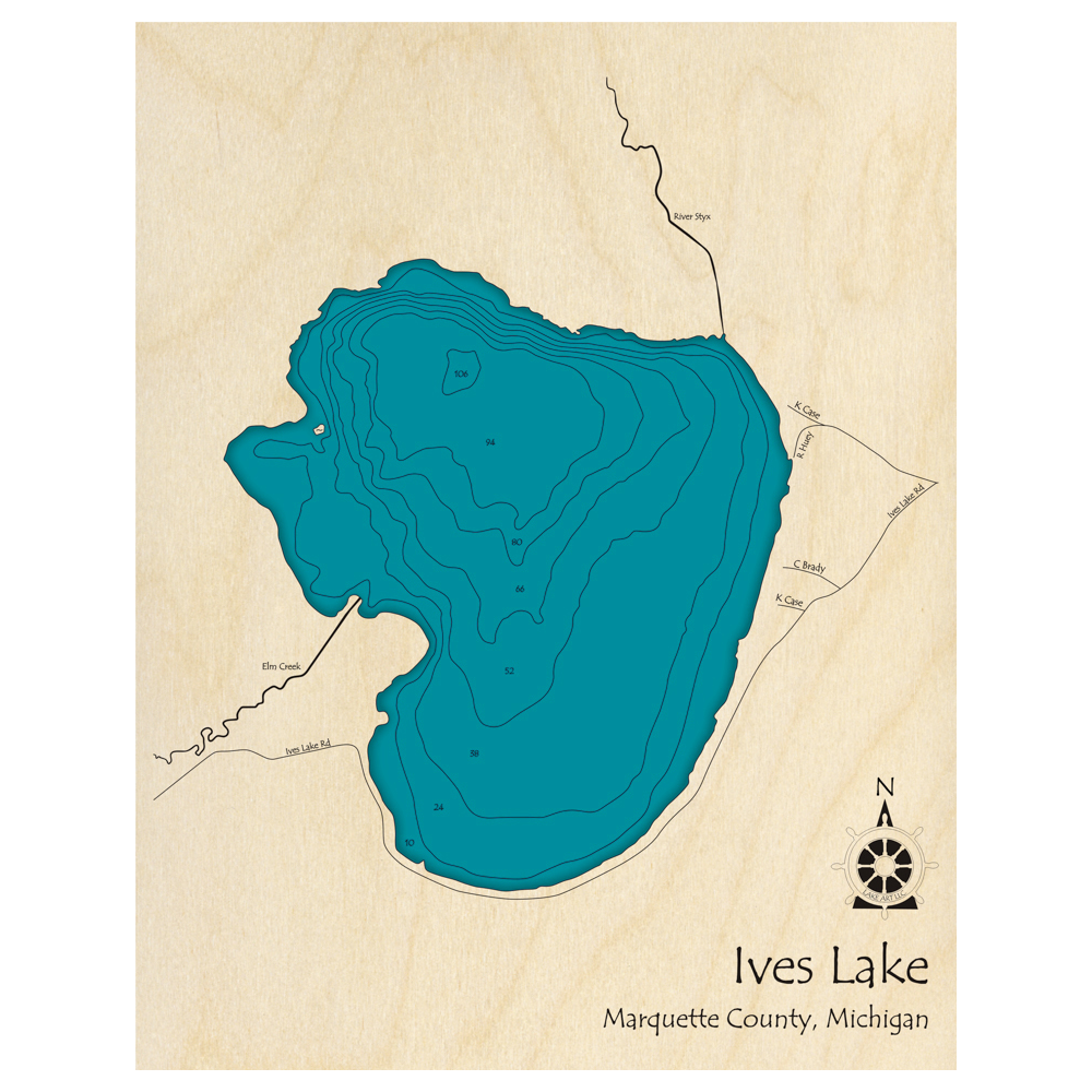 Bathymetric topo map of Ives Lake, MI with roads, towns and depths noted in blue water.
