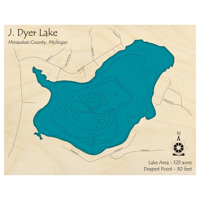 Bathymetric topo map of J Dyer Lake, MI with roads, towns and depths noted in blue water.