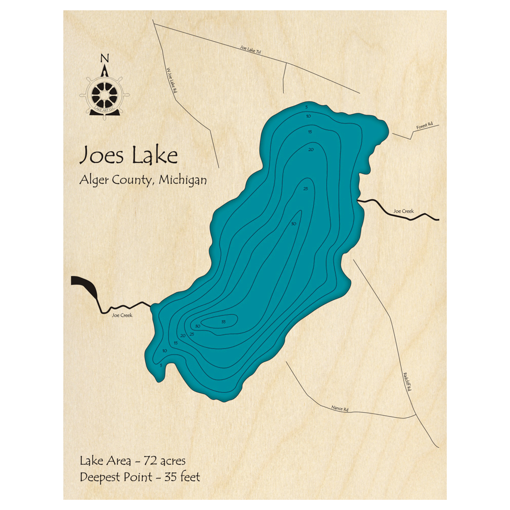 Bathymetric topo map of Joes Lake, MI with roads, towns and depths noted in blue water.