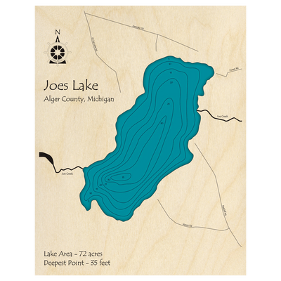 Bathymetric topo map of Joes Lake, MI with roads, towns and depths noted in blue water.