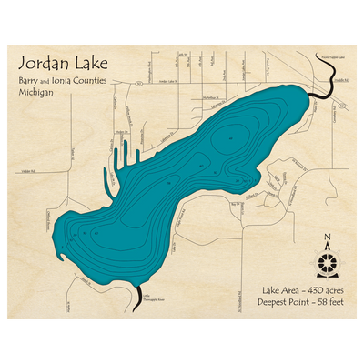 Bathymetric topo map of Jordan Lake, MI with roads, towns and depths noted in blue water.