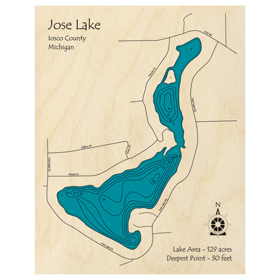 Bathymetric topo map of Jose Lake, MI with roads, towns and depths noted in blue water.