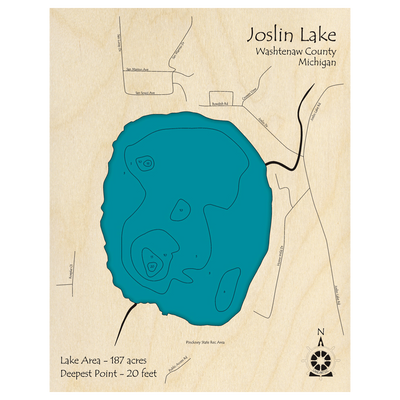 Bathymetric topo map of Joslin Lake, MI with roads, towns and depths noted in blue water.