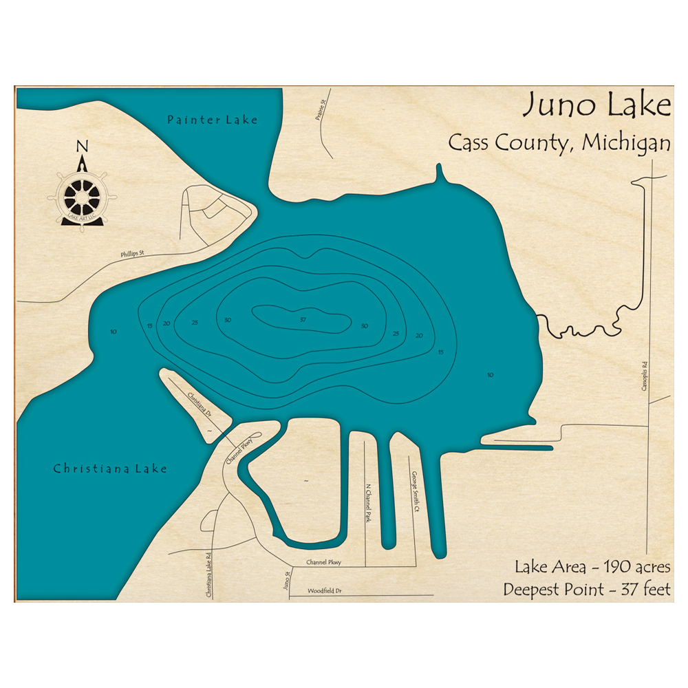 Bathymetric topo map of Juno Lake, MI with roads, towns and depths noted in blue water.