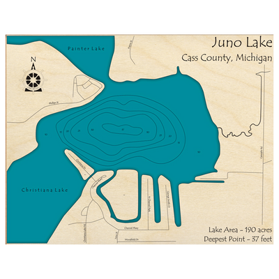 Bathymetric topo map of Juno Lake, MI with roads, towns and depths noted in blue water.