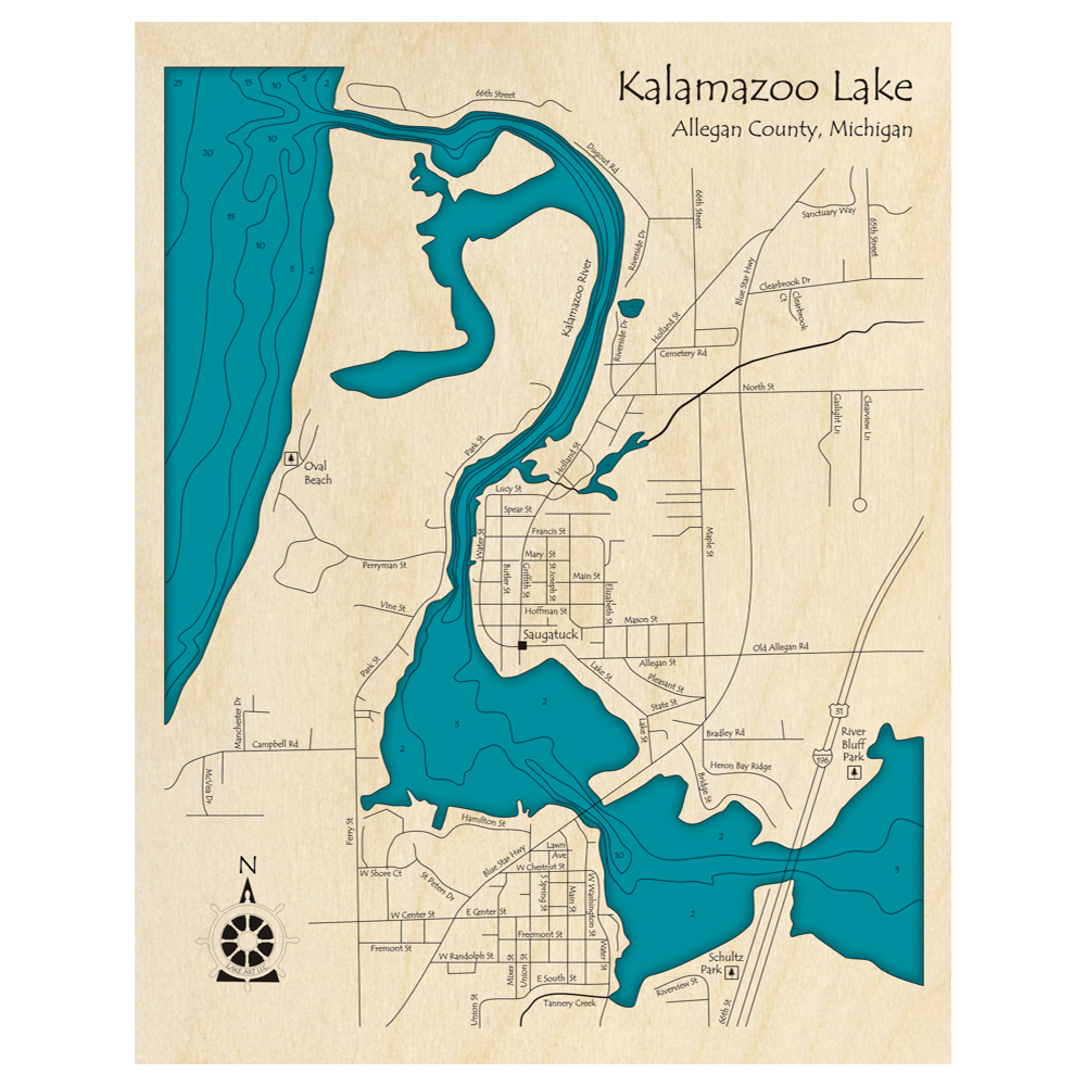 Bathymetric topo map of Kalamazoo Lake, MI with roads, towns and depths noted in blue water.
