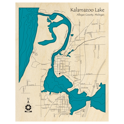 Bathymetric topo map of Kalamazoo Lake, MI with roads, towns and depths noted in blue water.