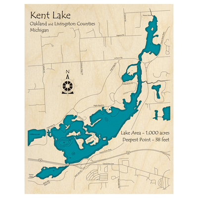 Bathymetric topo map of Kent Lake, MI with roads, towns and depths noted in blue water.