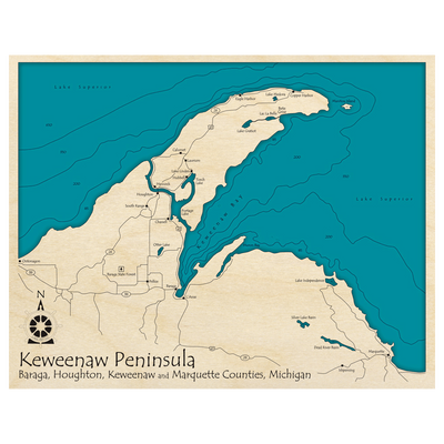 Bathymetric topo map of Keweenaw Peninsula, MI with roads, towns and depths noted in blue water.