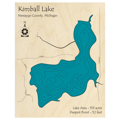 Bathymetric topo map of Kimball Lake, MI with roads, towns and depths noted in blue water.
