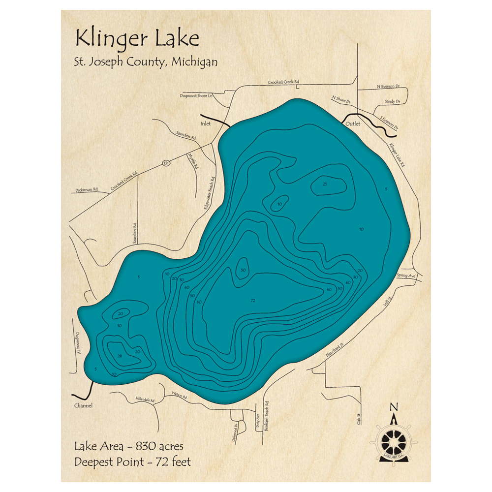 Bathymetric topo map of Klinger Lake, MI with roads, towns and depths noted in blue water.