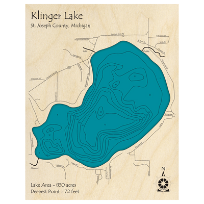 Bathymetric topo map of Klinger Lake, MI with roads, towns and depths noted in blue water.
