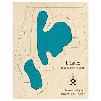 Bathymetric topo map of L Lakes, MI with roads, towns and depths noted in blue water.
