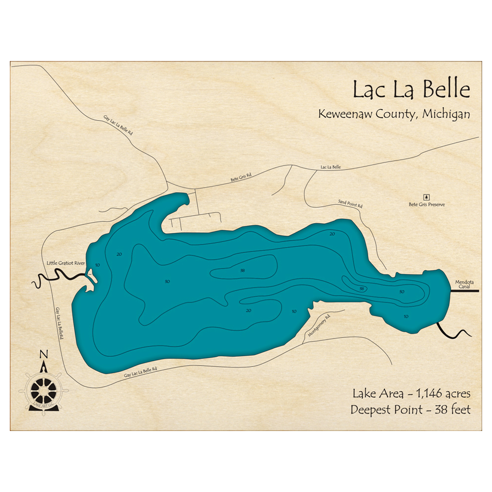 Bathymetric topo map of Lac La Belle, MI with roads, towns and depths noted in blue water.