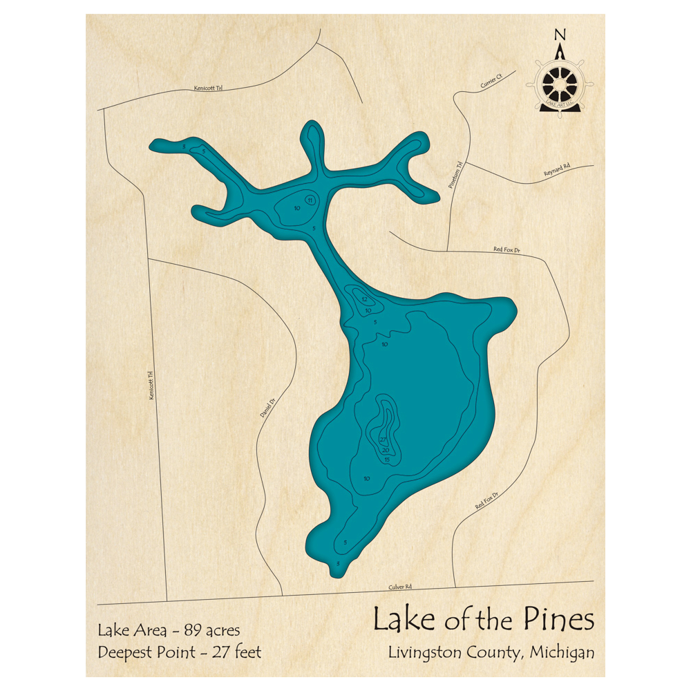 Bathymetric topo map of Lake of the Pines, MI with roads, towns and depths noted in blue water.