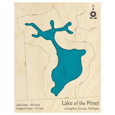 Bathymetric topo map of Lake of the Pines, MI with roads, towns and depths noted in blue water.