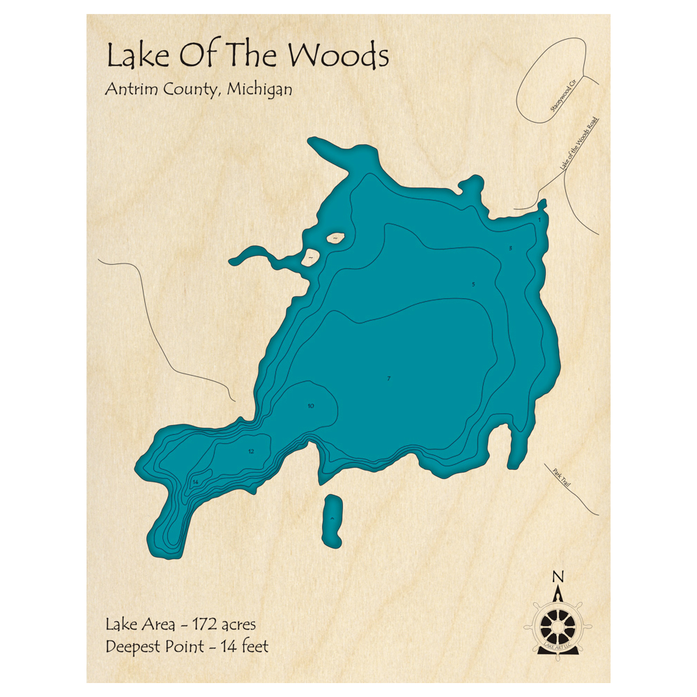Bathymetric topo map of Lake of the Woods, MI with roads, towns and depths noted in blue water.