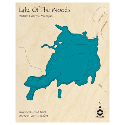 Bathymetric topo map of Lake of the Woods, MI with roads, towns and depths noted in blue water.