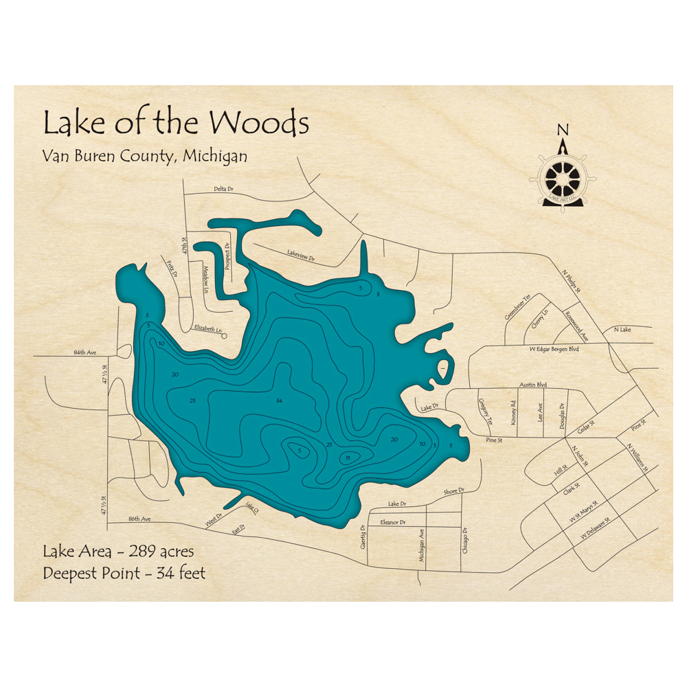 Bathymetric topo map of Lake of the Woods, MI with roads, towns and depths noted in blue water.