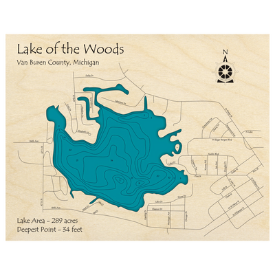 Bathymetric topo map of Lake of the Woods, MI with roads, towns and depths noted in blue water.