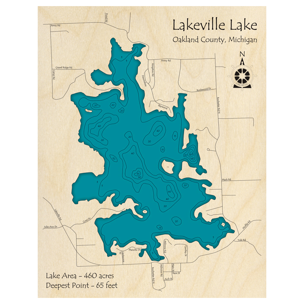 Bathymetric topo map of Lakeville Lake, MI with roads, towns and depths noted in blue water.