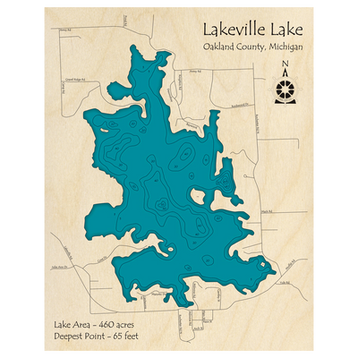 Bathymetric topo map of Lakeville Lake, MI with roads, towns and depths noted in blue water.