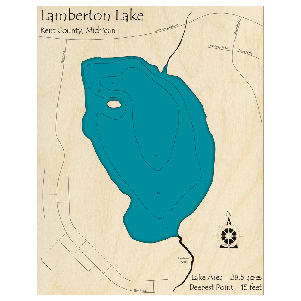 Bathymetric topo map of Lamberton Lake, MI with roads, towns and depths noted in blue water.