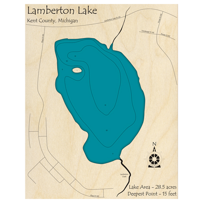 Bathymetric topo map of Lamberton Lake, MI with roads, towns and depths noted in blue water.