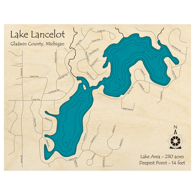 Bathymetric topo map of Lake Lancelot, MI with roads, towns and depths noted in blue water.