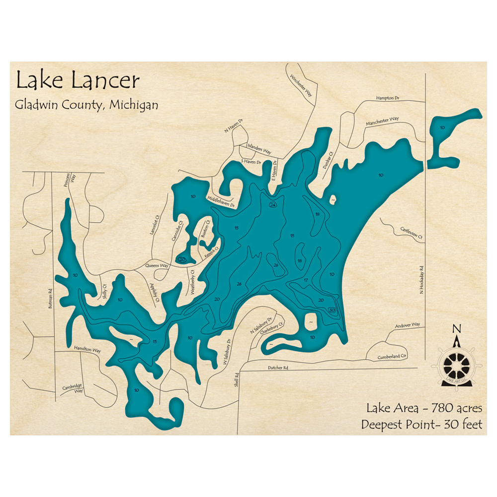 Bathymetric topo map of Lake Lancer, MI with roads, towns and depths noted in blue water.