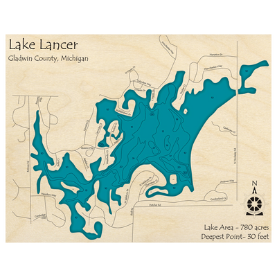 Bathymetric topo map of Lake Lancer, MI with roads, towns and depths noted in blue water.