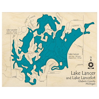 Bathymetric topo map of Lake Lancer, MI with roads, towns and depths noted in blue water.