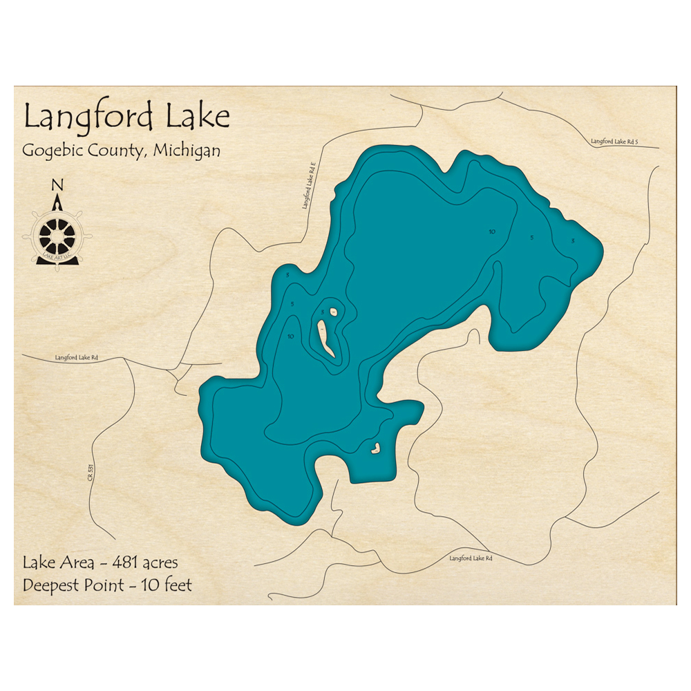 Bathymetric topo map of Langford Lake, MI with roads, towns and depths noted in blue water.