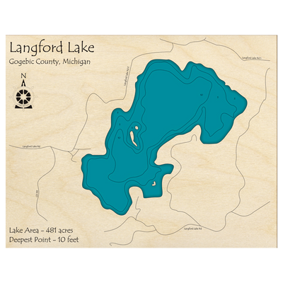 Bathymetric topo map of Langford Lake, MI with roads, towns and depths noted in blue water.