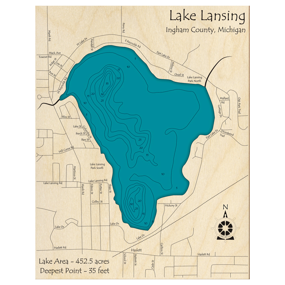 Bathymetric topo map of Lake Lansing, MI with roads, towns and depths noted in blue water.