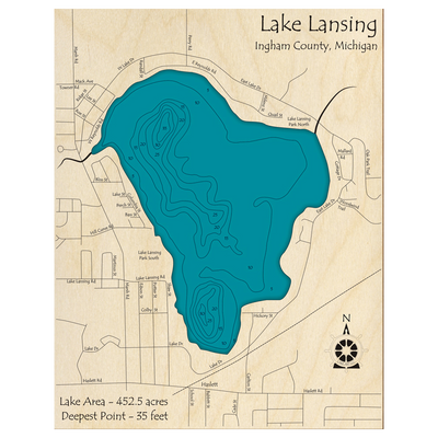 Bathymetric topo map of Lake Lansing, MI with roads, towns and depths noted in blue water.