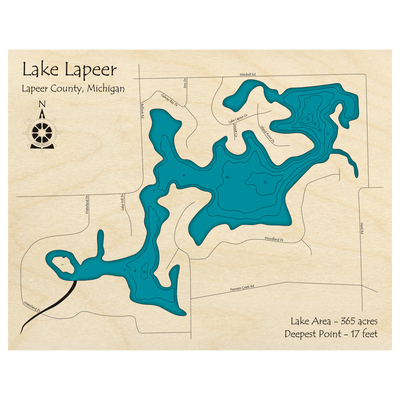Bathymetric topo map of Lake Lapeer, MI with roads, towns and depths noted in blue water.