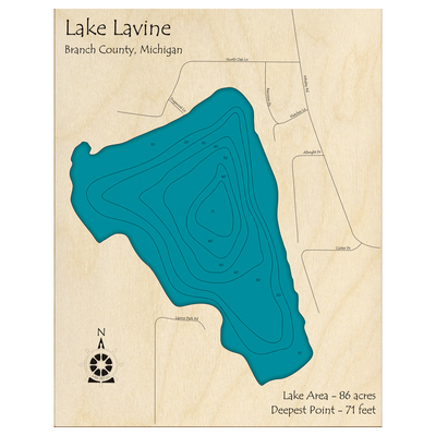 Bathymetric topo map of Lake Lavine, MI with roads, towns and depths noted in blue water.