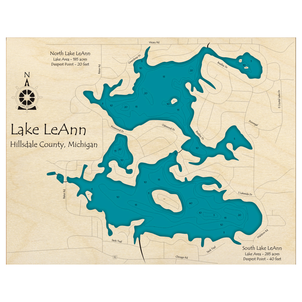Bathymetric topo map of Lake LeAnn, MI with roads, towns and depths noted in blue water.