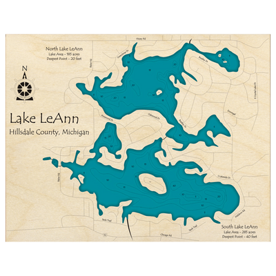 Bathymetric topo map of Lake LeAnn, MI with roads, towns and depths noted in blue water.
