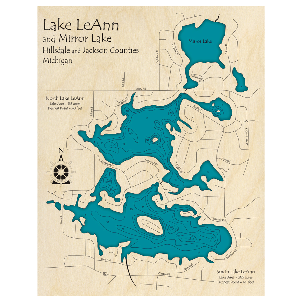 Bathymetric topo map of Lake LeAnn, MI with roads, towns and depths noted in blue water.