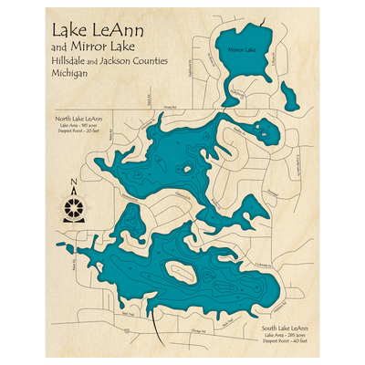 Bathymetric topo map of Lake LeAnn, MI with roads, towns and depths noted in blue water.