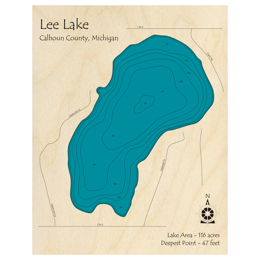 Bathymetric topo map of Lee Lake, MI with roads, towns and depths noted in blue water.
