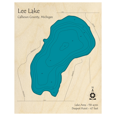 Bathymetric topo map of Lee Lake, MI with roads, towns and depths noted in blue water.