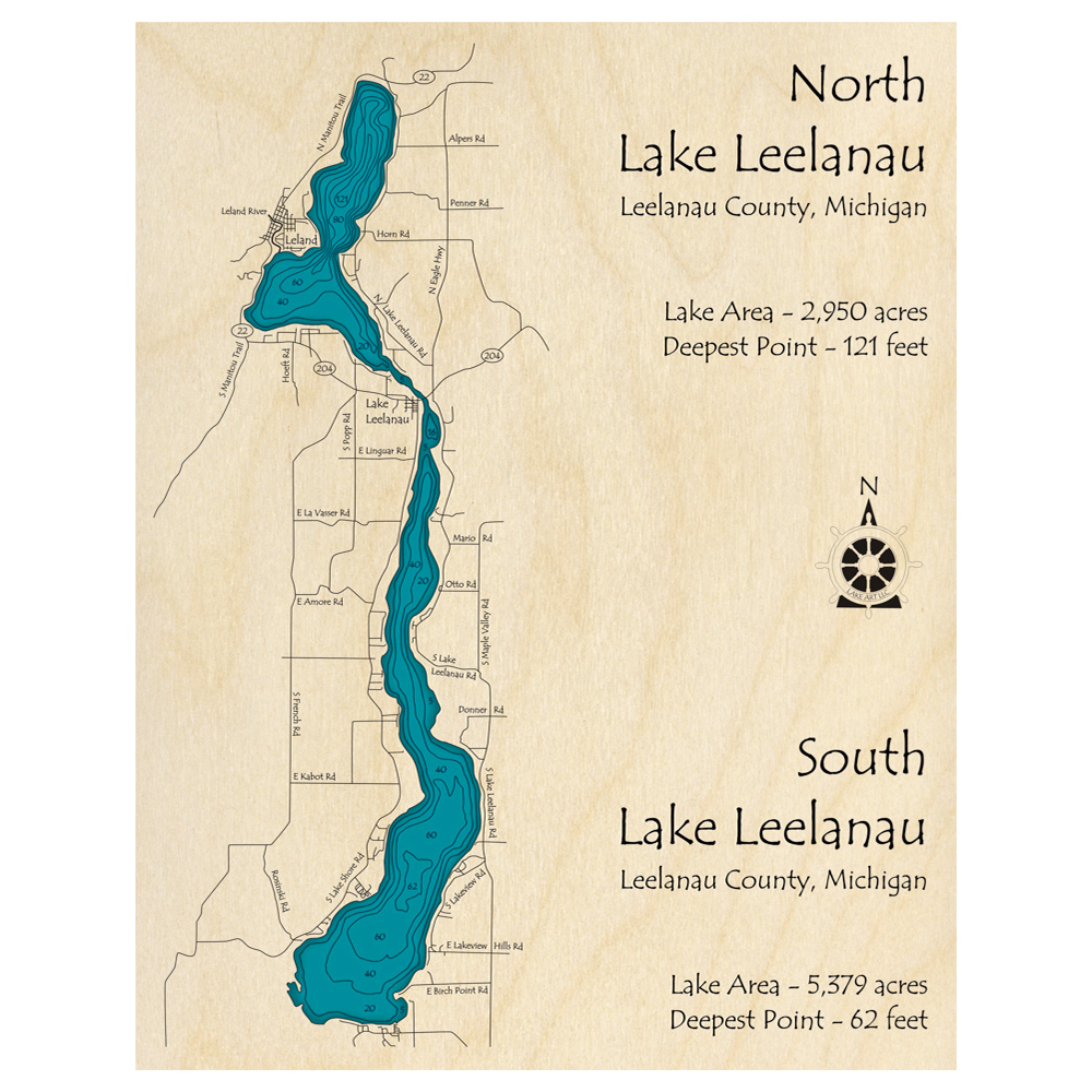 Bathymetric topo map of Lake Leelanau, MI with roads, towns and depths noted in blue water.