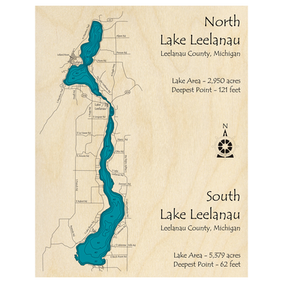 Bathymetric topo map of Lake Leelanau, MI with roads, towns and depths noted in blue water.