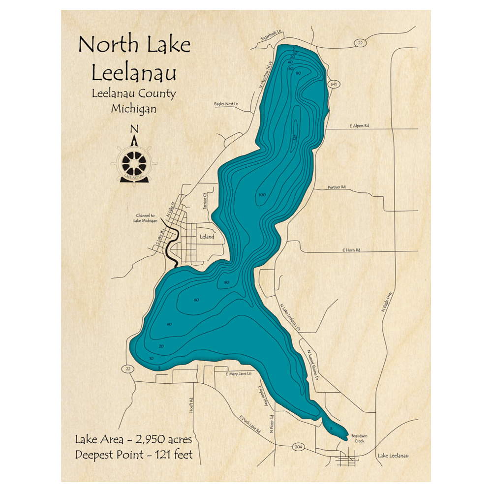Bathymetric topo map of Lake Leelanau, MI with roads, towns and depths noted in blue water.