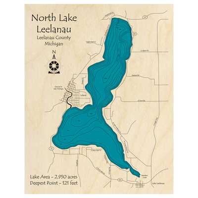 Bathymetric topo map of Lake Leelanau, MI with roads, towns and depths noted in blue water.